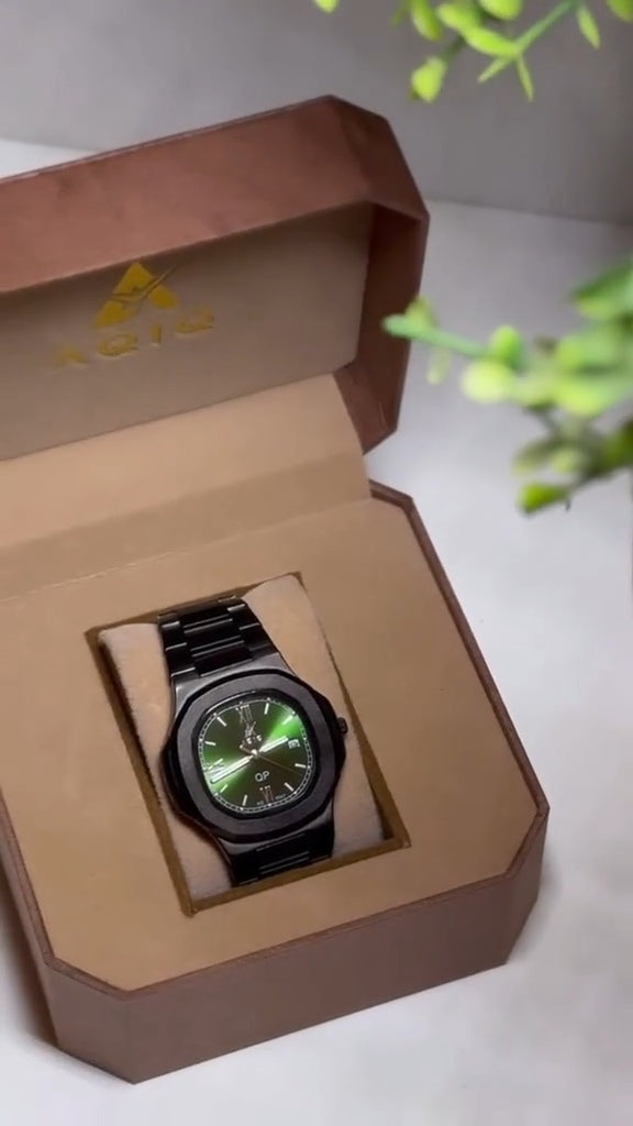 ساعة عقيق رجالية فاخرة باللونين الأسود والأخضر مع ضمان لمدة عام