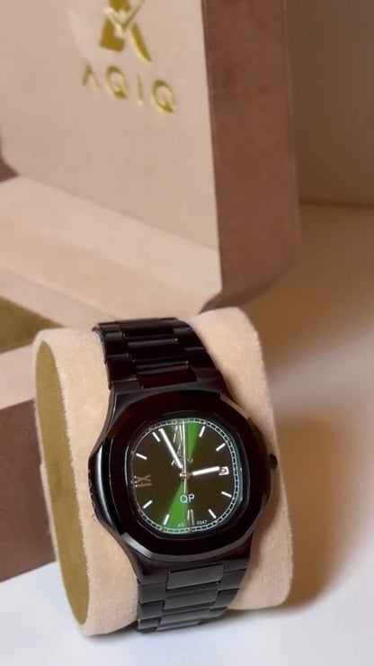 ساعة عقيق رجالية فاخرة باللونين الأسود والأخضر مع ضمان لمدة عام