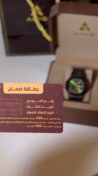 ساعة عقيق رجالية فاخرة باللونين الأسود والأخضر مع ضمان لمدة عام