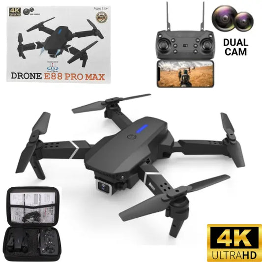 طائرة بدون طيار E88 مزودة بكاميرا FPV بدقة 4K UHD، وميزة التعرف الذكي على التقاط الصور بالإيماءات، وعدسة قابلة للتعديل بزاوية 90 درجة